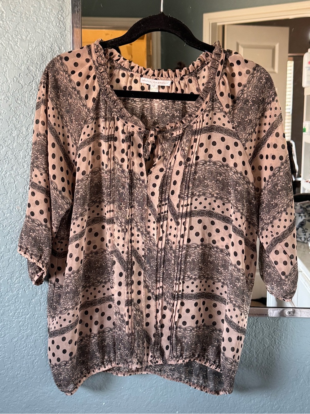 Nude Black Whimsy Goth Polka Dot Boho Peasant Top Size L